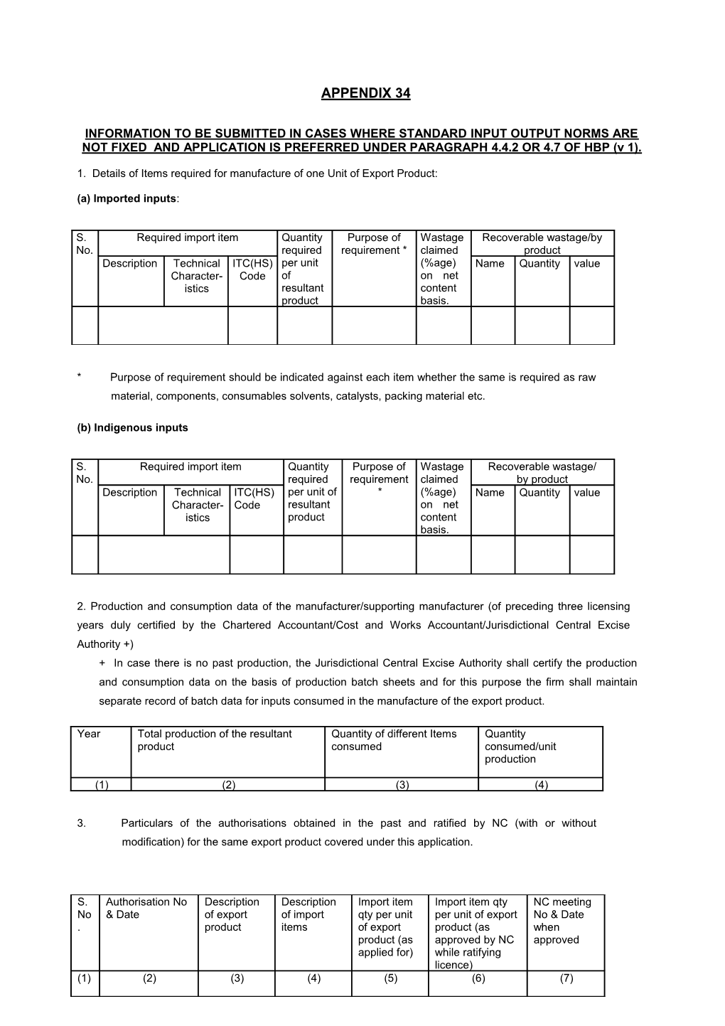 Information to Be Submitted in Cases Where Standard Input Output Norms Are