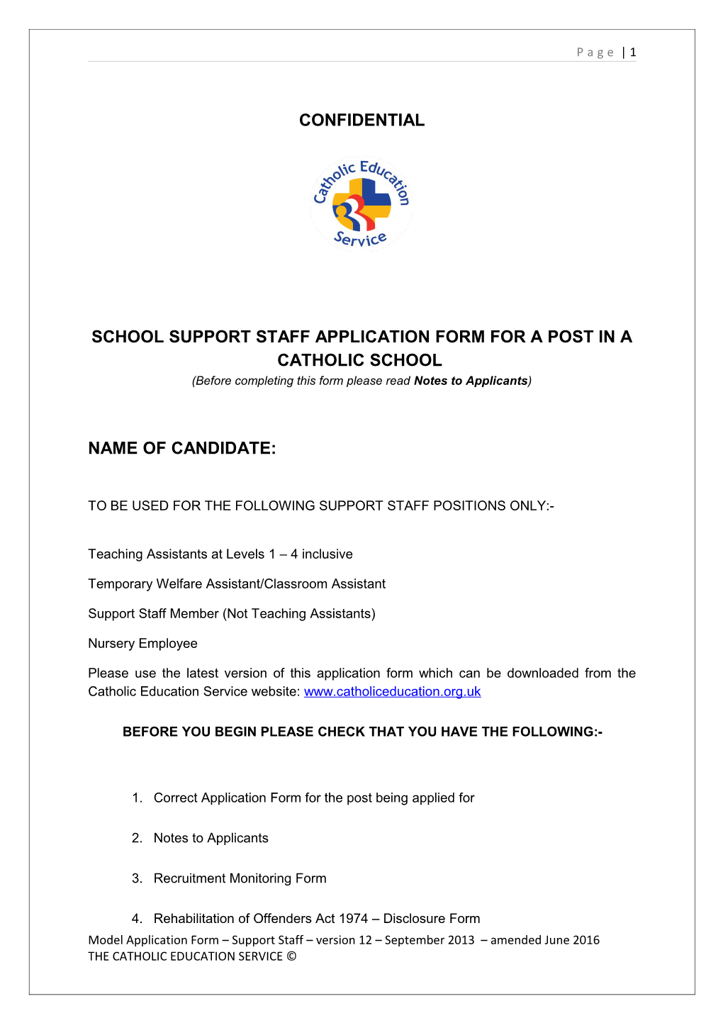 School Support Staff Application Form for a Post in a Catholic School