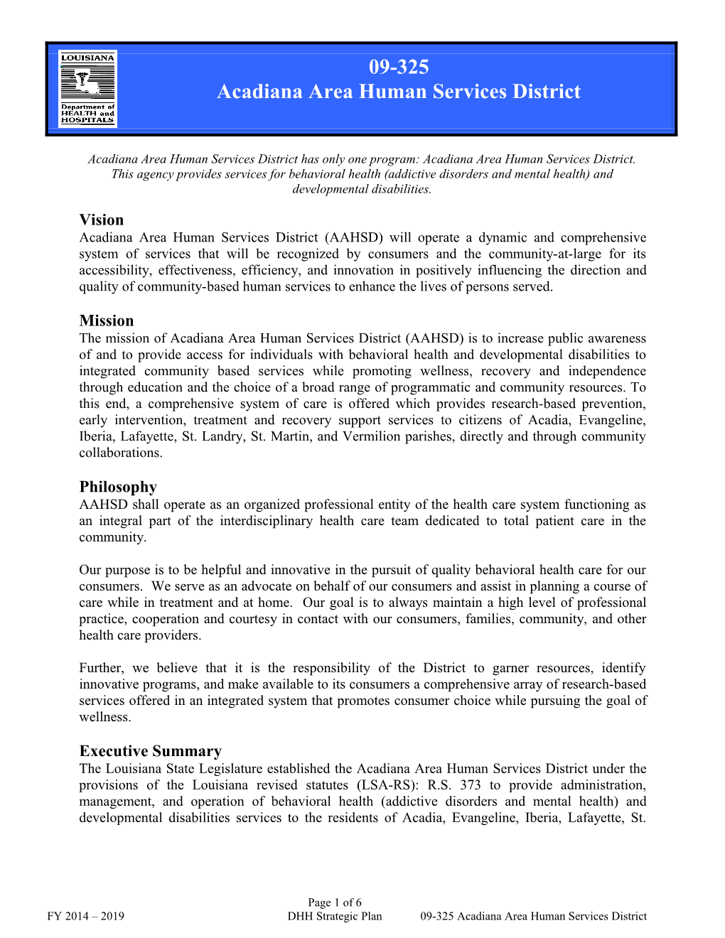 FY 2014 2019DHH Strategic Plan09-325Acadiana Area Human Services District