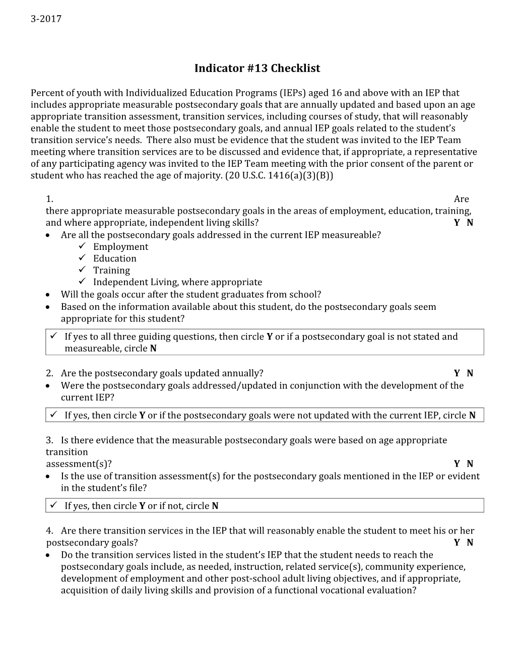 Indicator #13 Checklist