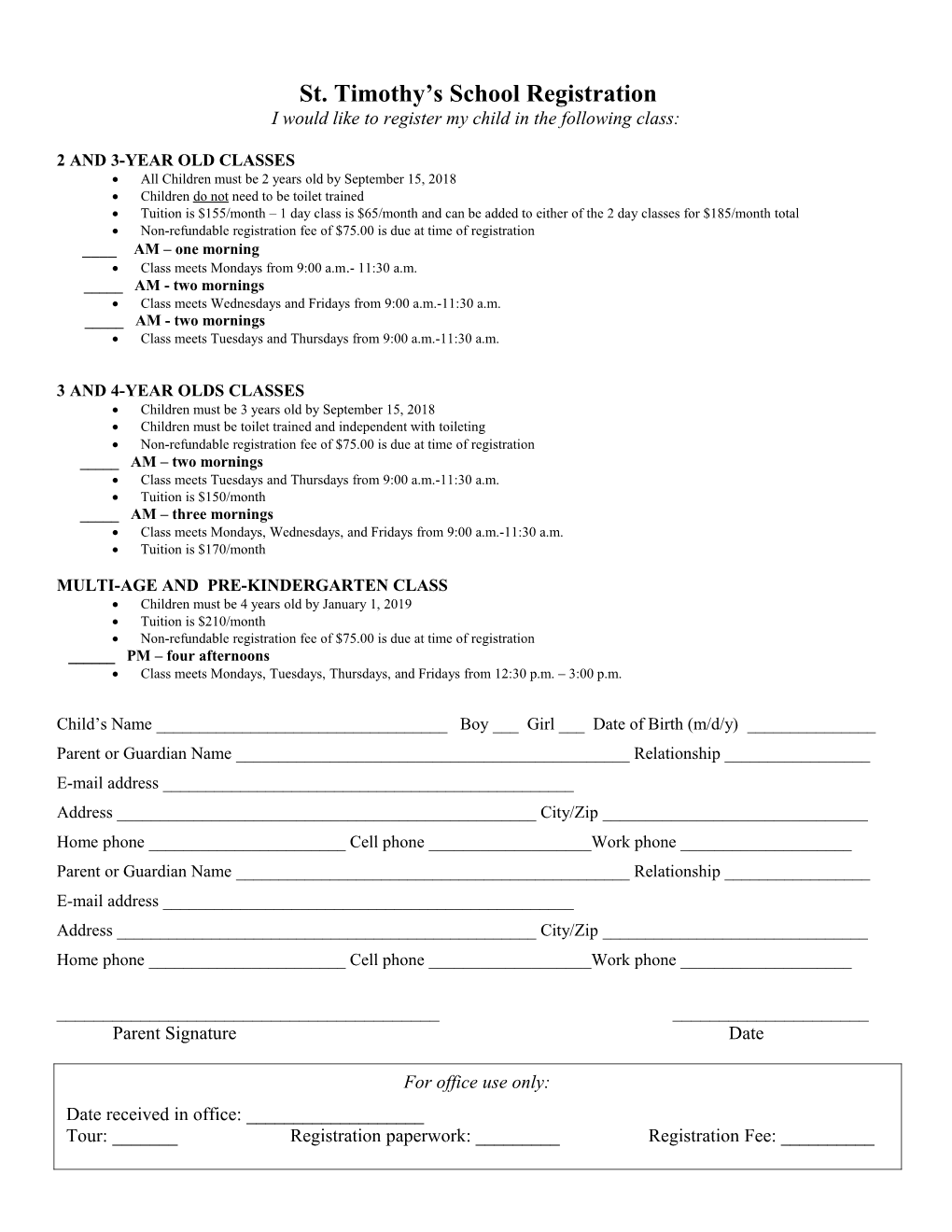 I Would Like to Register My Child in the Following Class