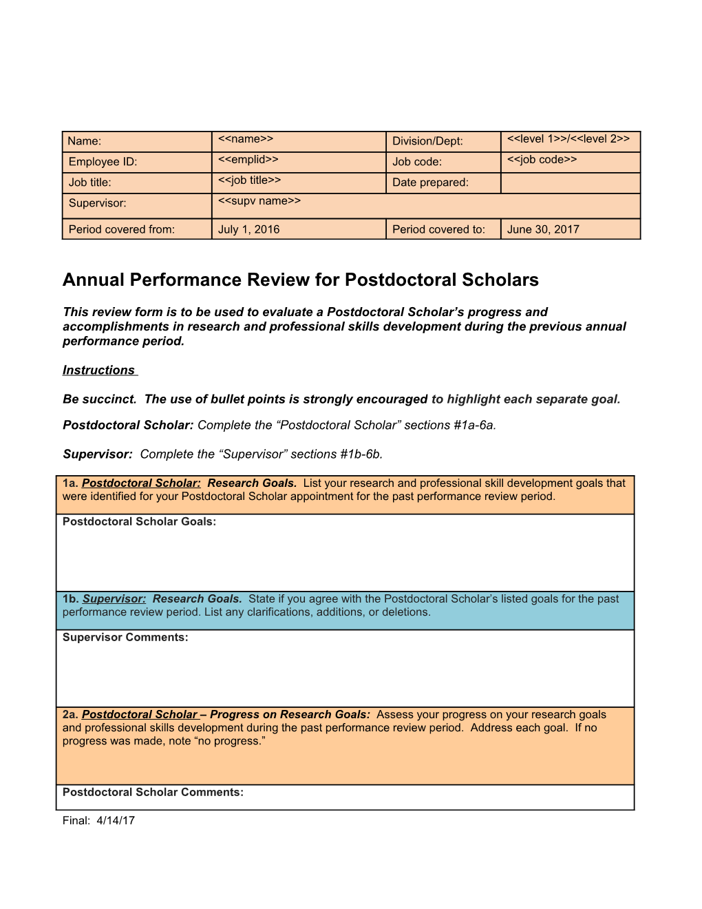 Annual Performance Review for Postdoctoral Scholars