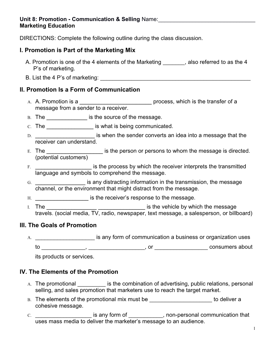 Unit 8: Promotion - Communication & Selling Name:______