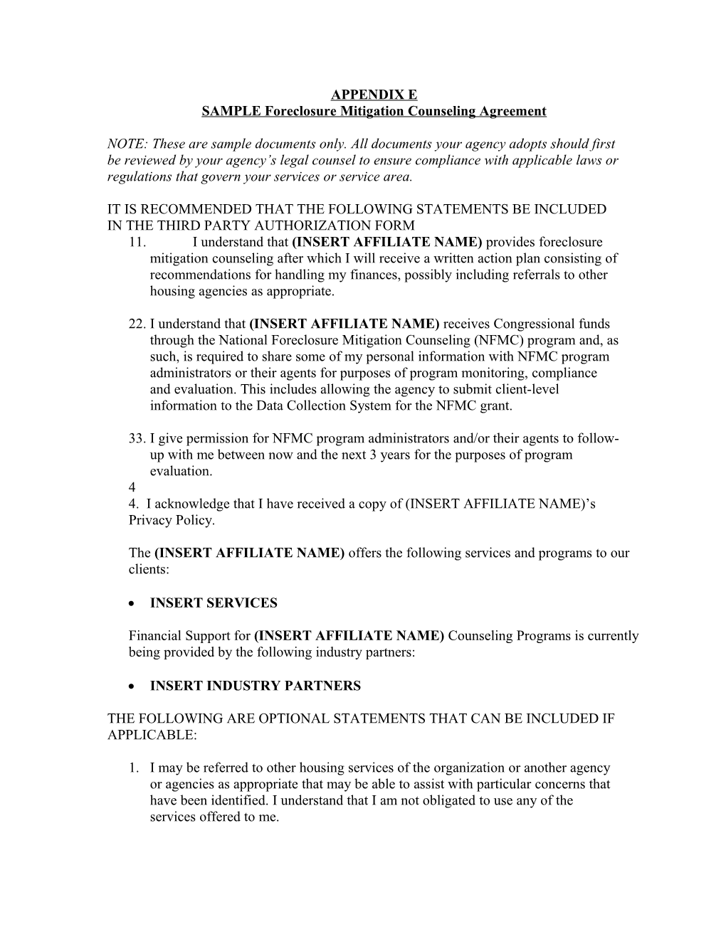 SAMPLE Foreclosure Mitigation Counseling Agreement