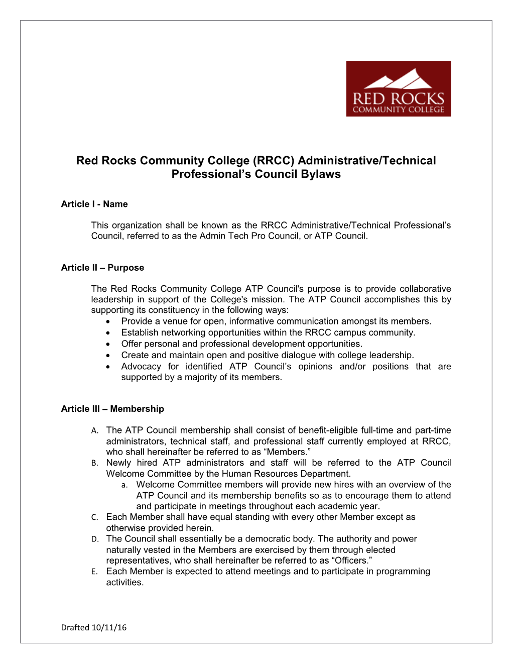 Red Rocks Community College (RRCC) Administrative/Technical Professional S Council Bylaws