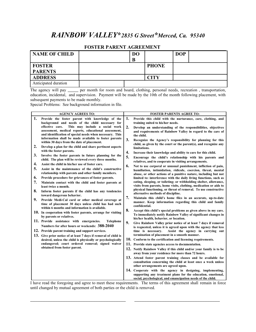 Foster Parent Agreement