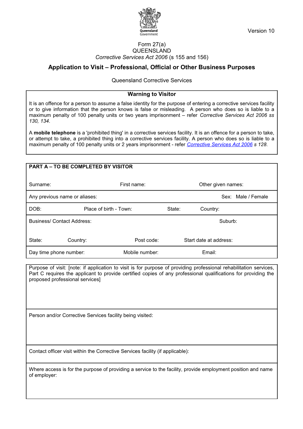 Administrative Form - Approval for Access to a Corrective Services Facility at Short Notice