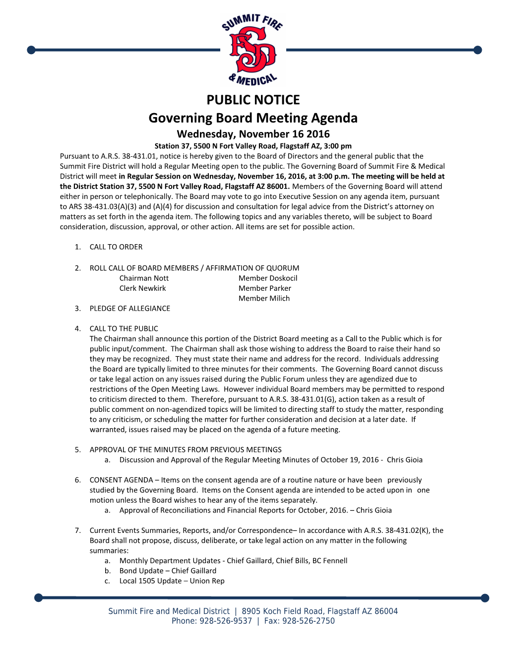 Governing Board Meeting Agenda