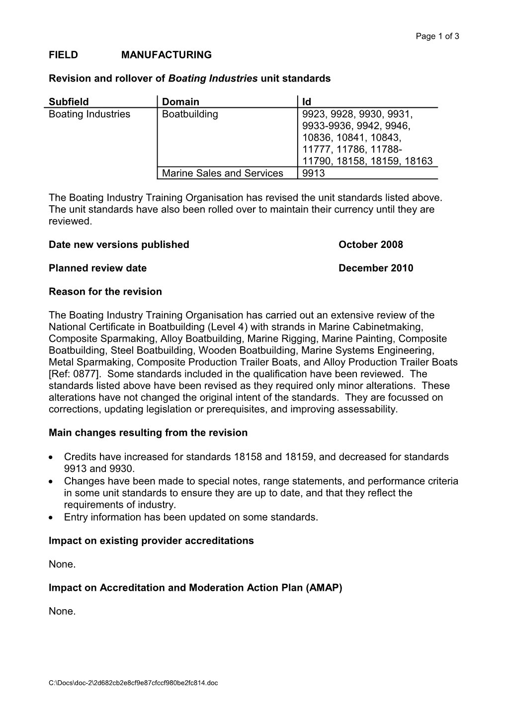 Revision and Rollover of Boating Industries Unit Standards