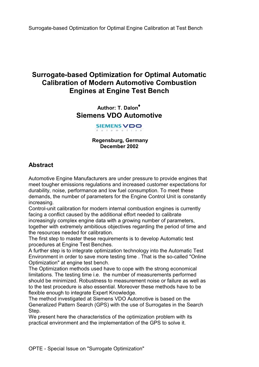 Surrogate-Based Optimization for Optimal Engine Calibration at Test Bench