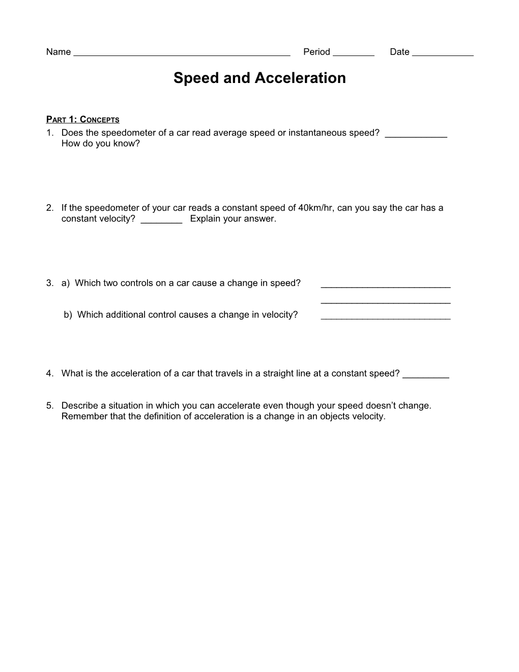 Speed and Acceleration Worksheet