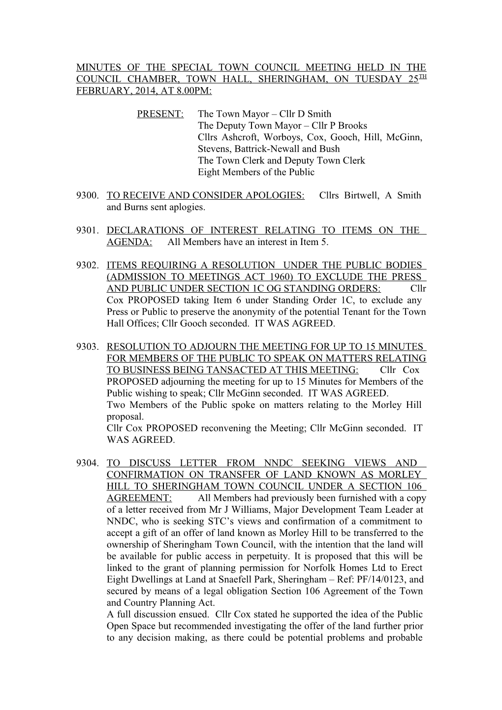 Minutes of the Special Town Council Meeting Held in the Council Chamber, Town Hall, Sheringham