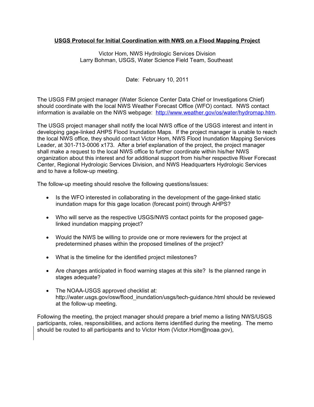 USGS Protocol for Coordinating with NWS on a Flood Mapping Project