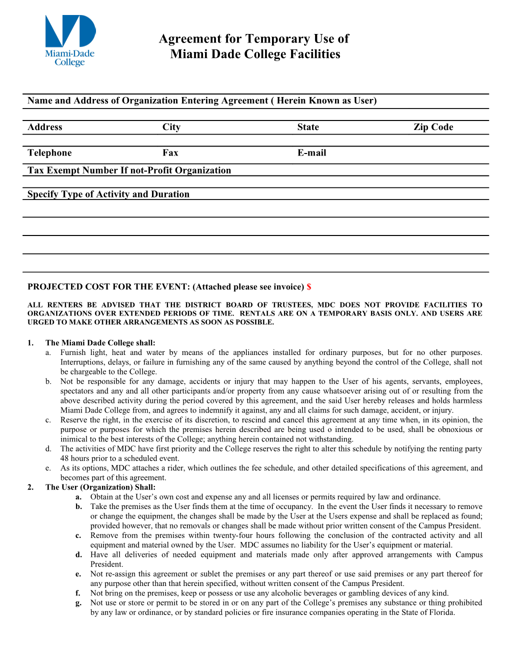 Agreement for Temporary Use Of