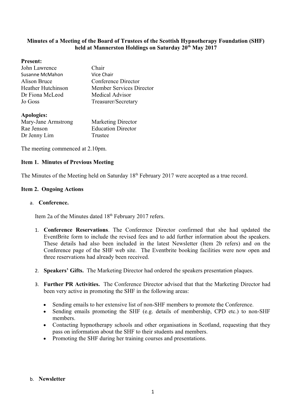 Minutes of a Meeting of the Board of Trustees of the Scottish Hypnotherapy Foundation