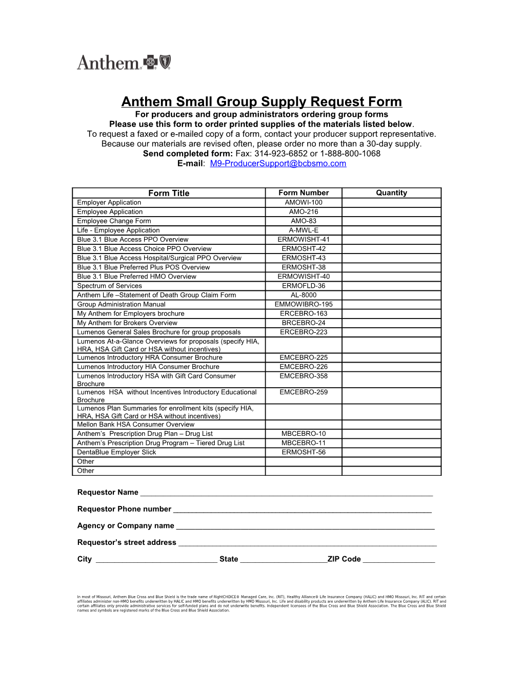 Anthem Producer Or Group Supply Request Form