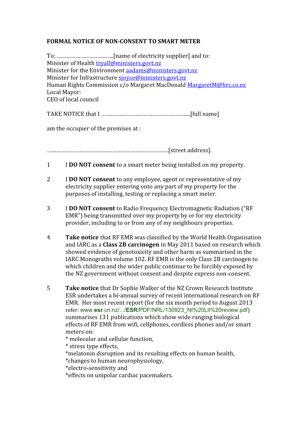 Formal Notice of Non-Consent to Smart Meter