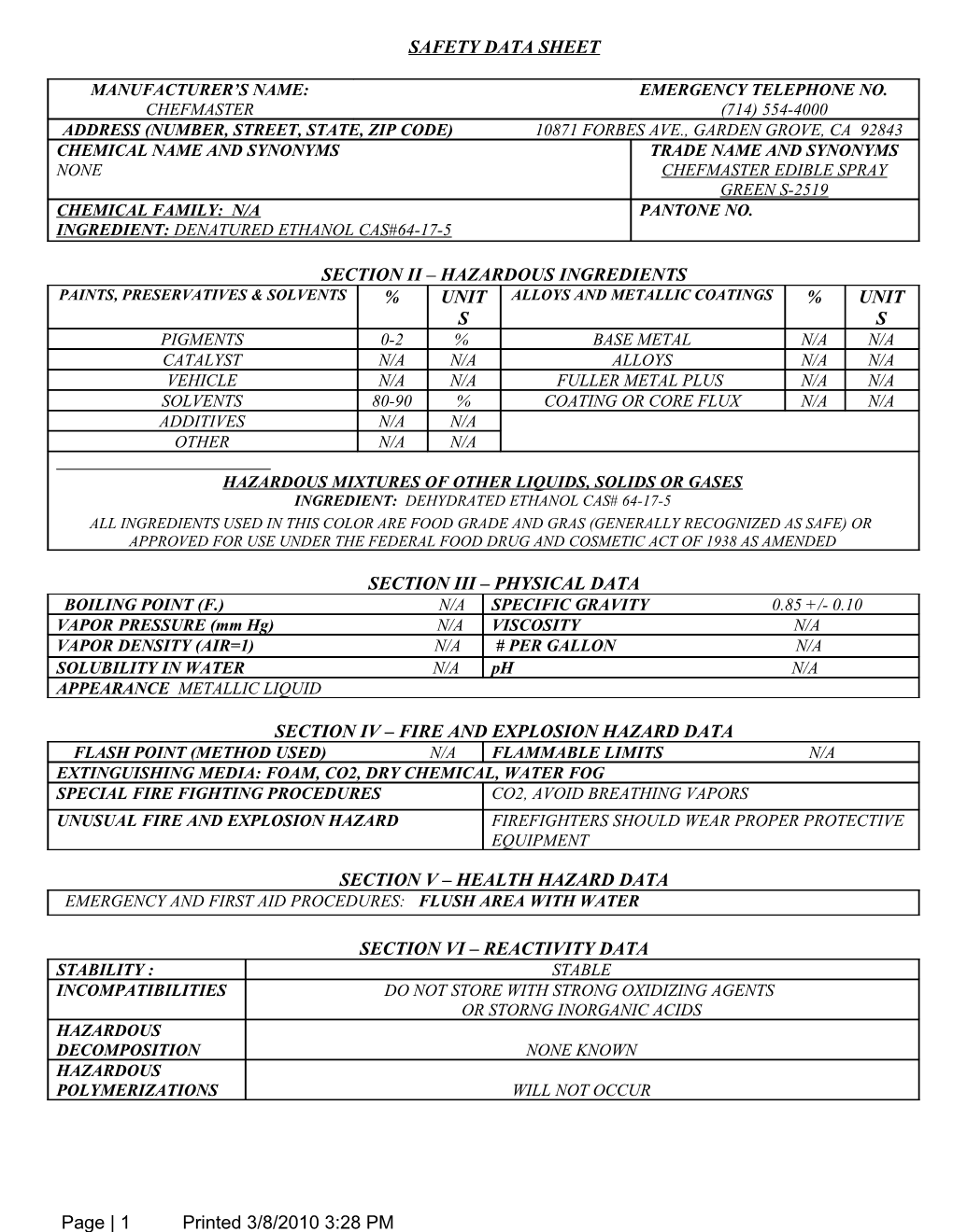 Material Safety Data Sheet s10