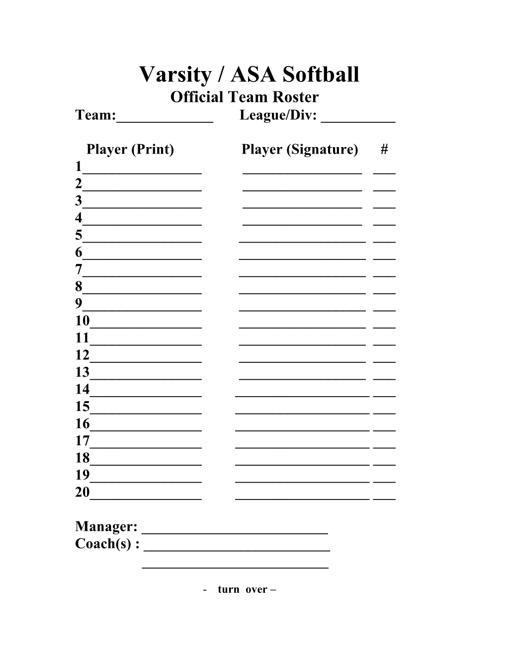 Team Roster Varsity / ASA Softball