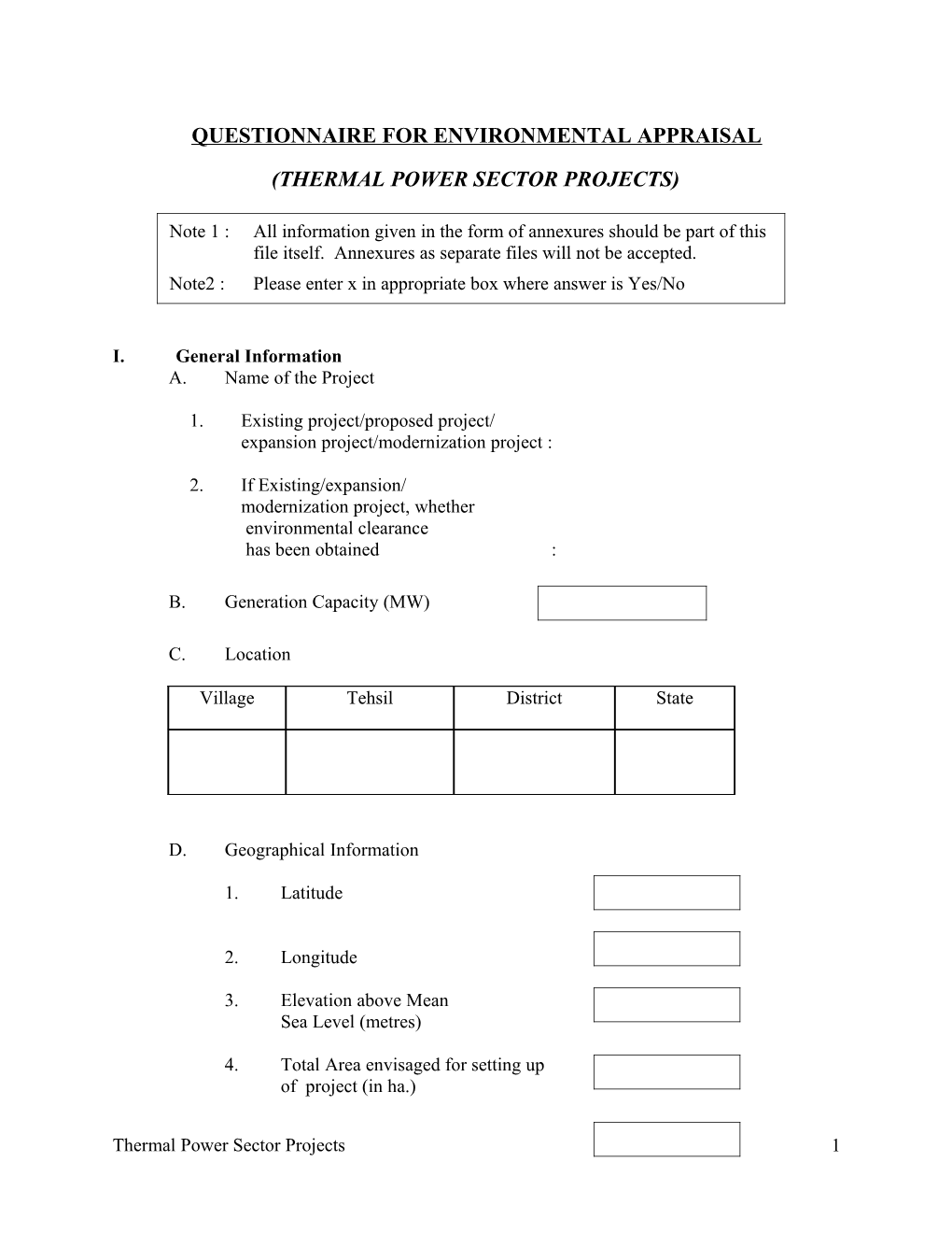 Questionnaire for Environmental Appraisal
