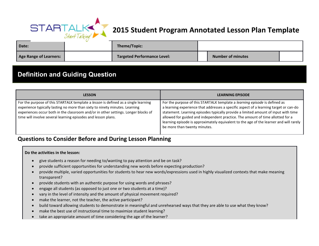 Questions to Consider Before and During Lesson Planning