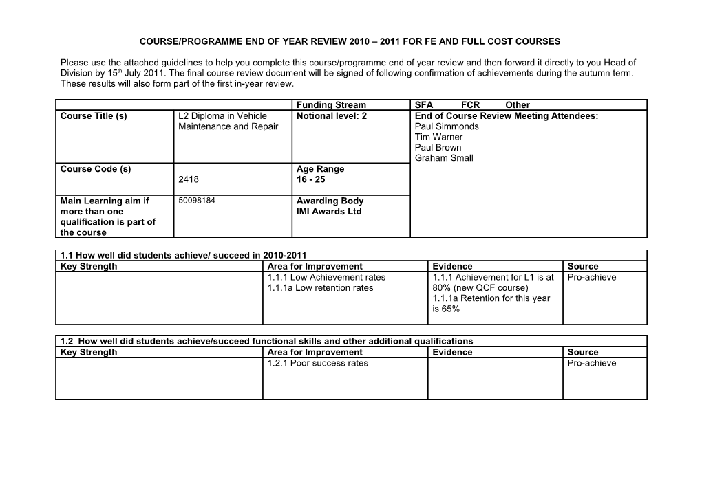 Course/Programme End of Year Review 2010 2011 for Fe and Full Cost Courses