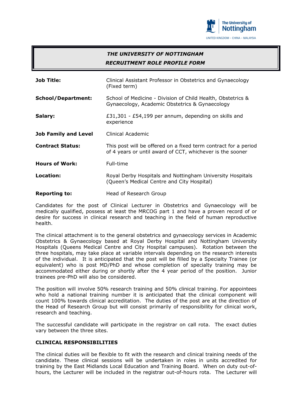 Job Title: Clinical Assistant Professor in Obstetrics and Gynaecology (Fixed Term)