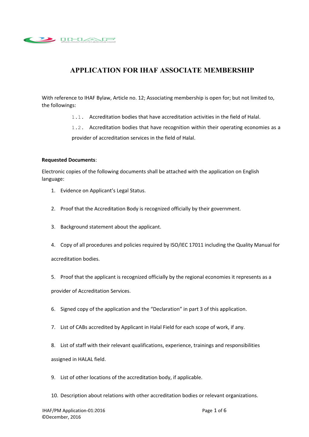 Application for Ihafassociate Membership