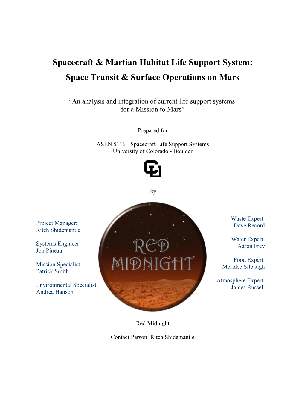 Spacecraft & Martian Habitat Life Support System