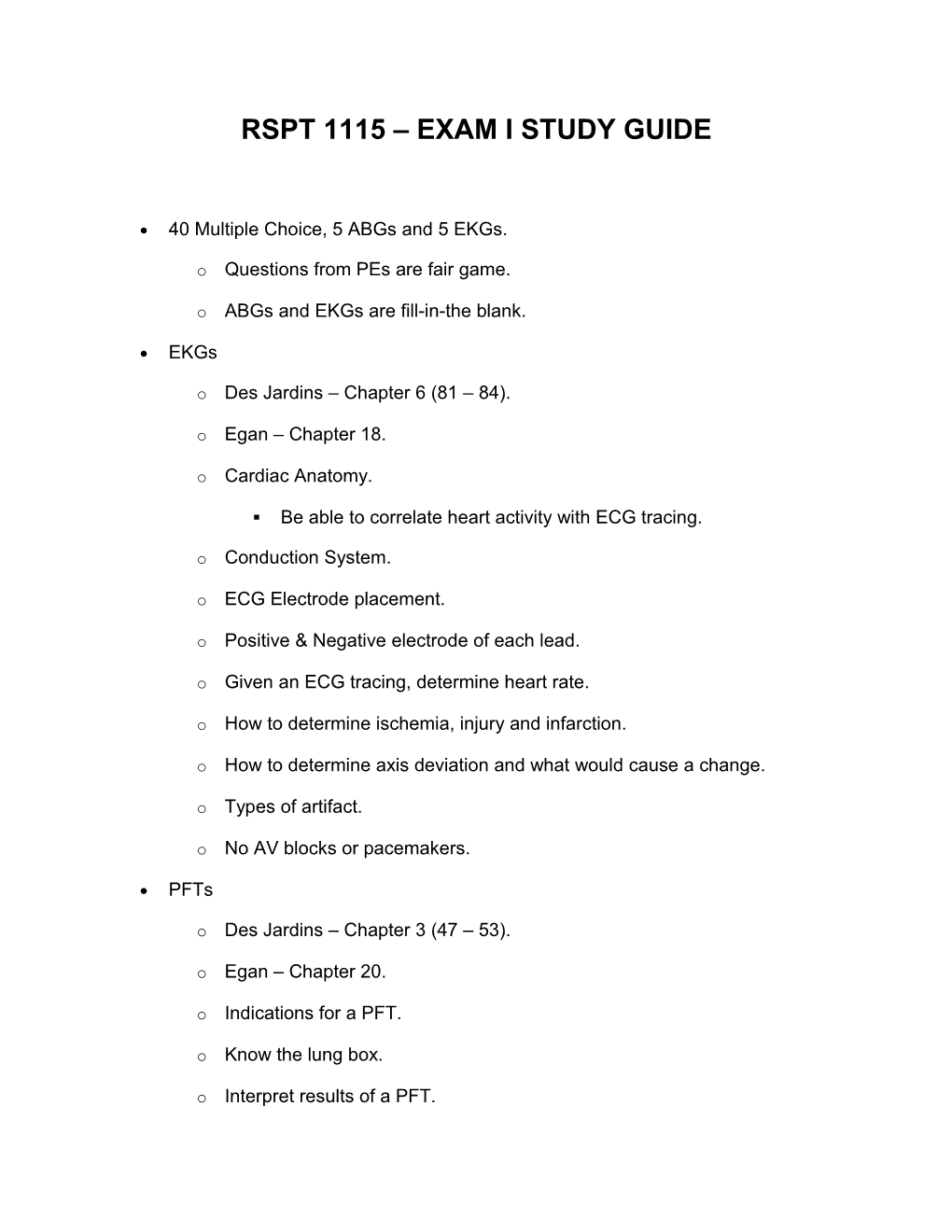 Rspt 1115 Exam I Study Guide