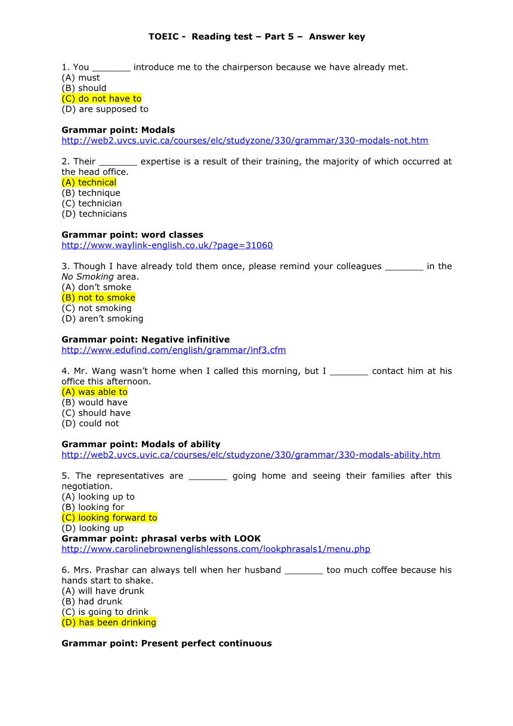 TOEIC - Reading Test Part 5 Answer Key