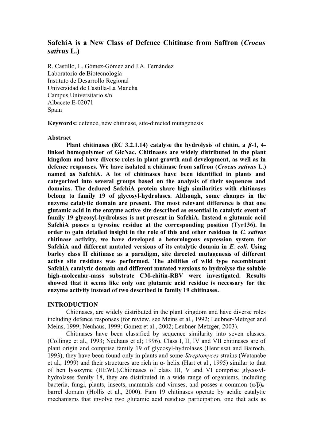 Safchia Is a New Class of Defence Chitinase from Saffron (Crocus Sativus L