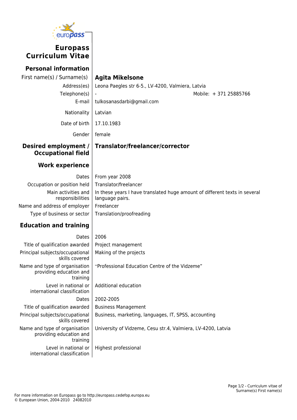 Europass Curriculum Vitae s16