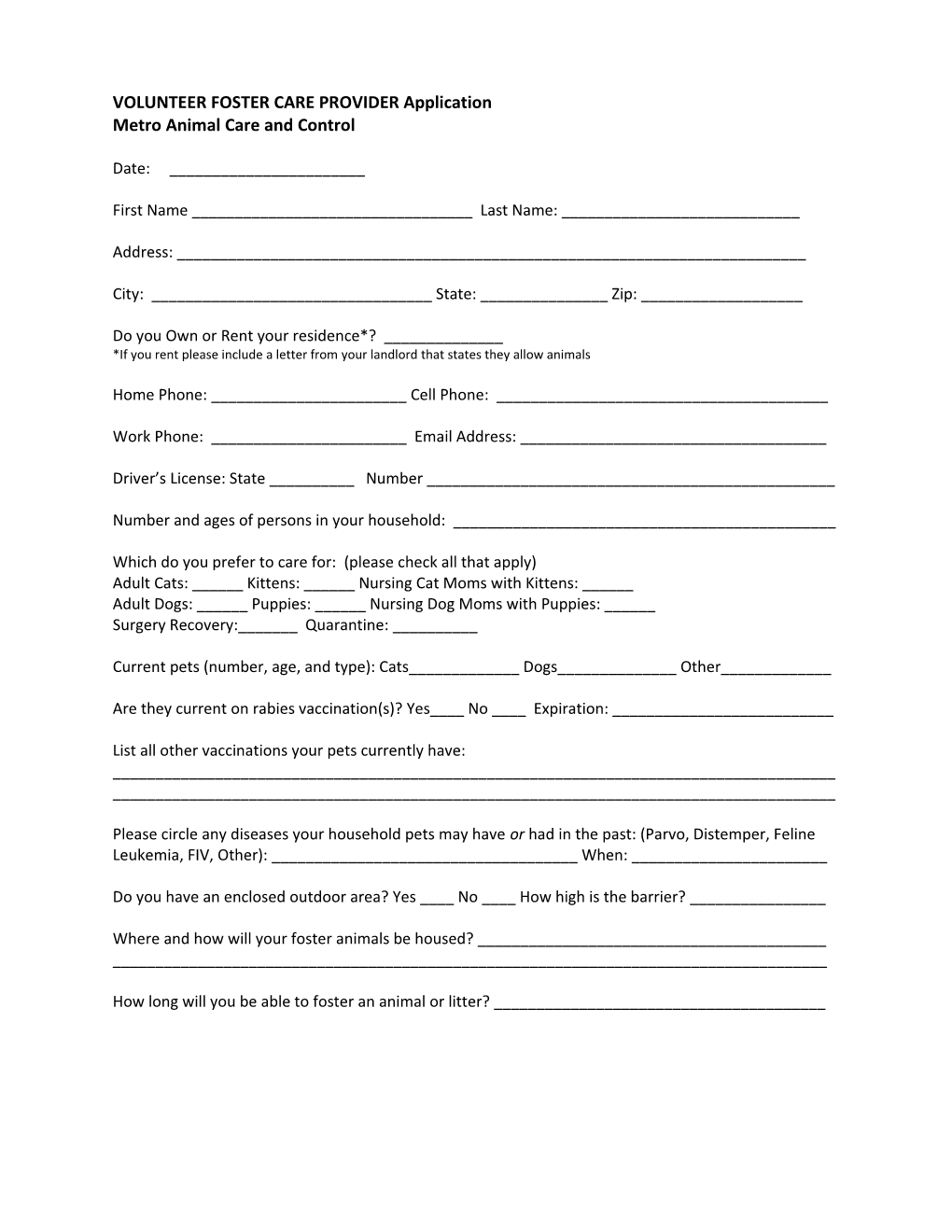 VOLUNTEER FOSTER CARE PROVIDER Application