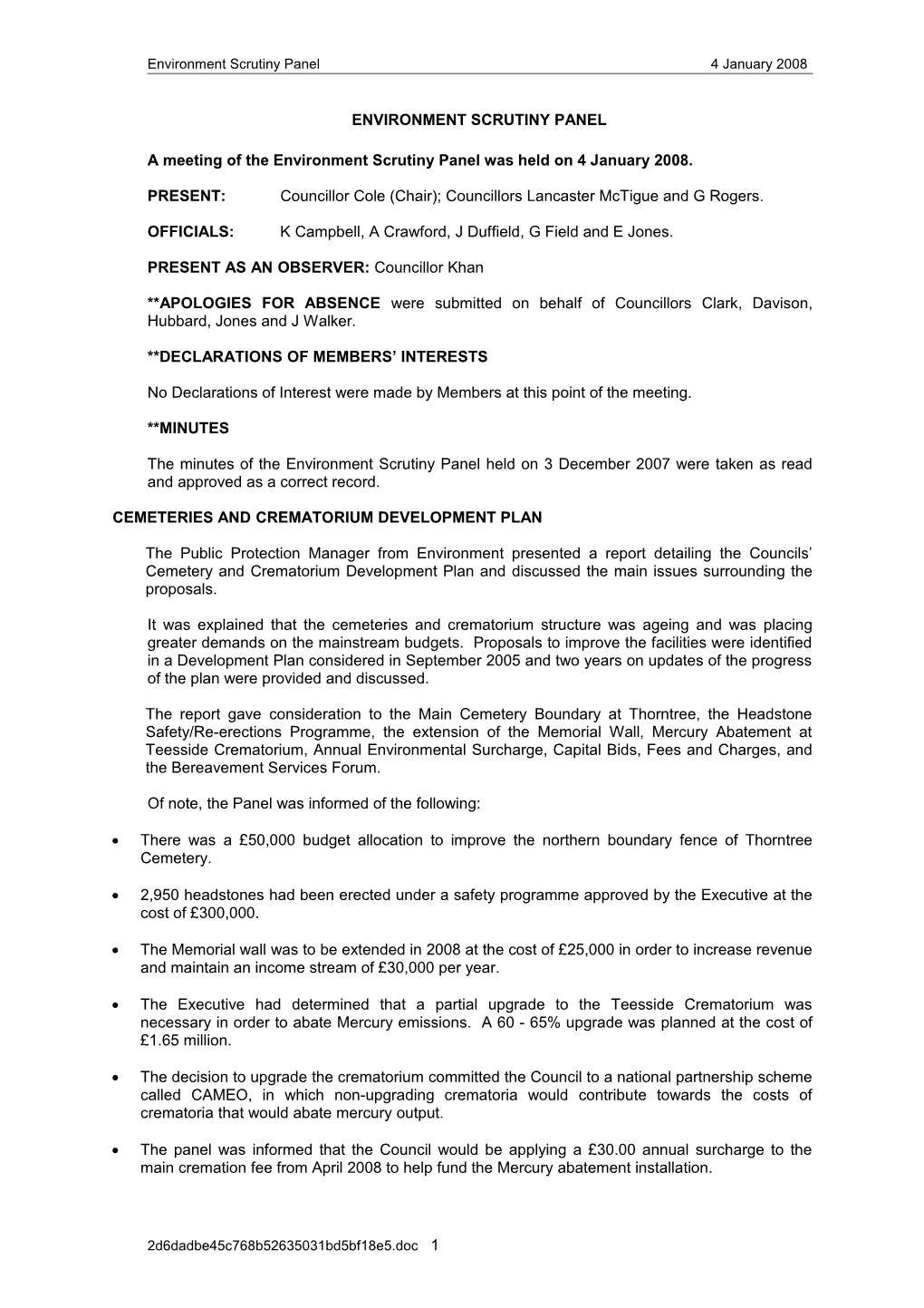 Environment Scrutiny Panel 4 January 2008