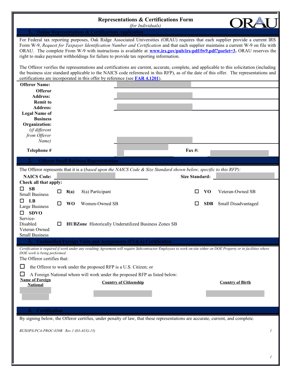 Representations & Certifications Form