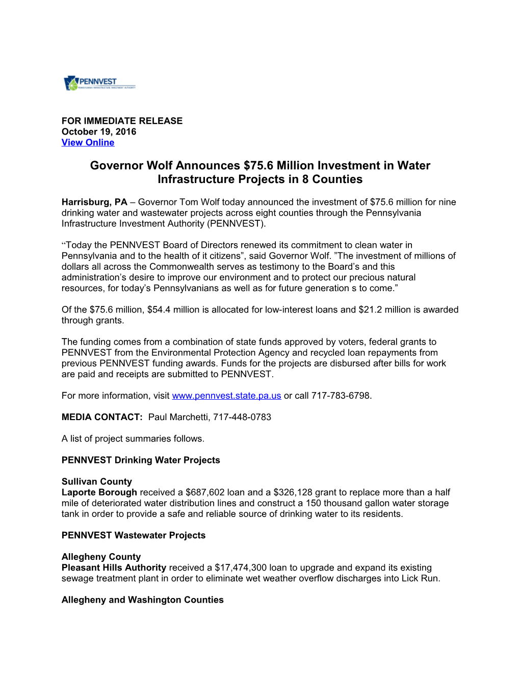 Governor Wolf Announces $75.6 Million Investment in Water Infrastructure Projects in 8 Counties