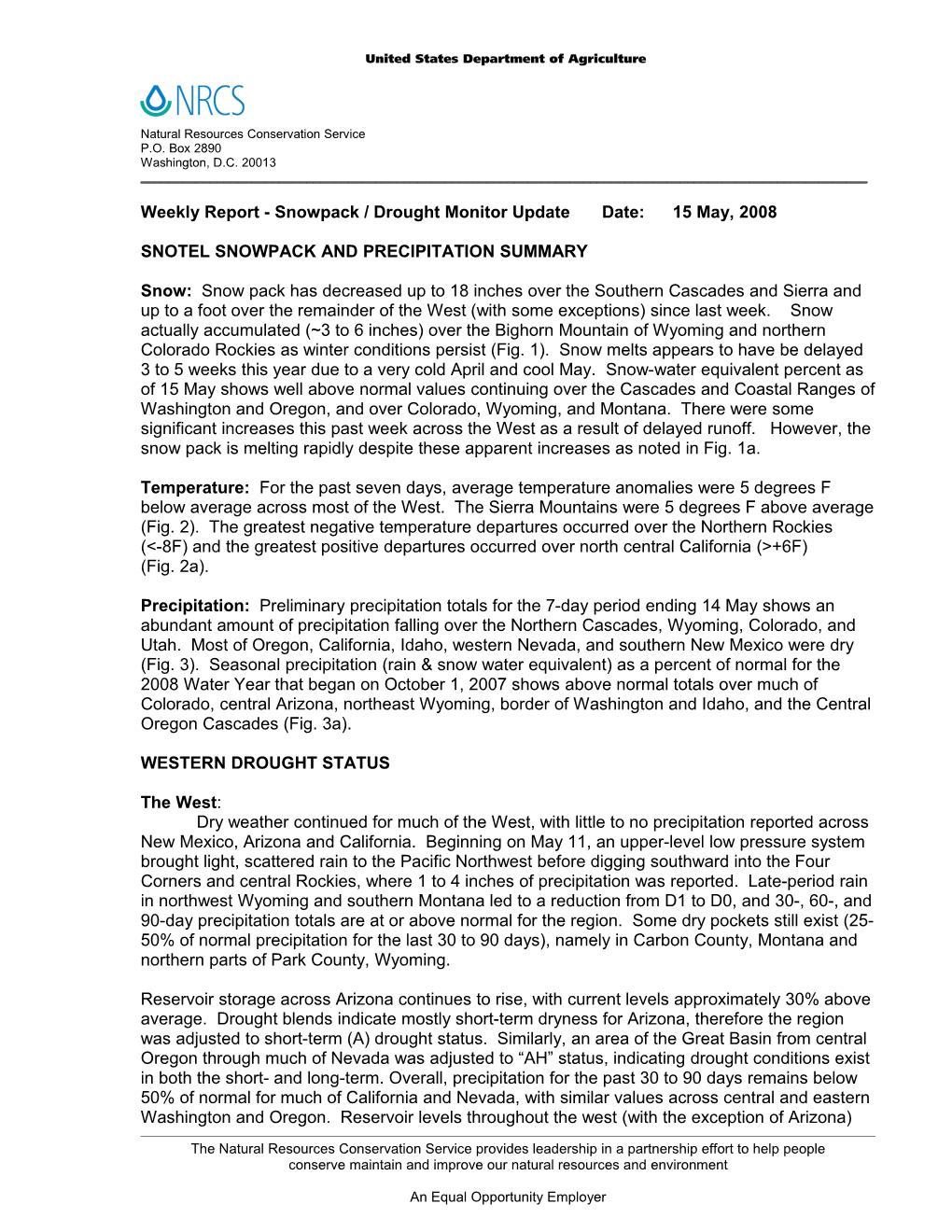 Weekly Report Drought Monitor / Snowpack Update s8