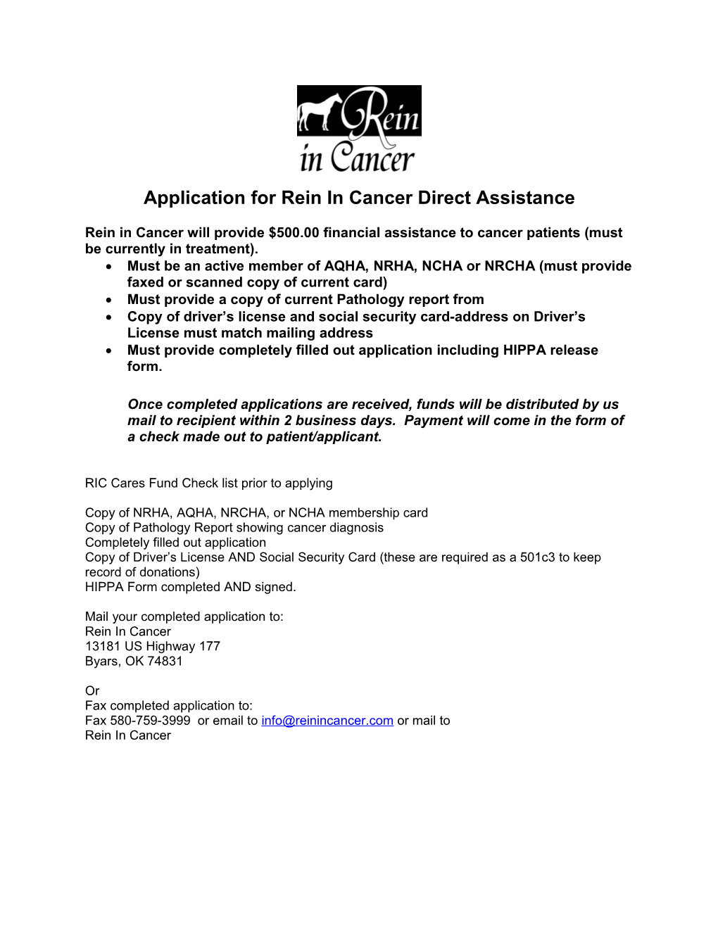 Application for Rein in Cancer Direct Assistance