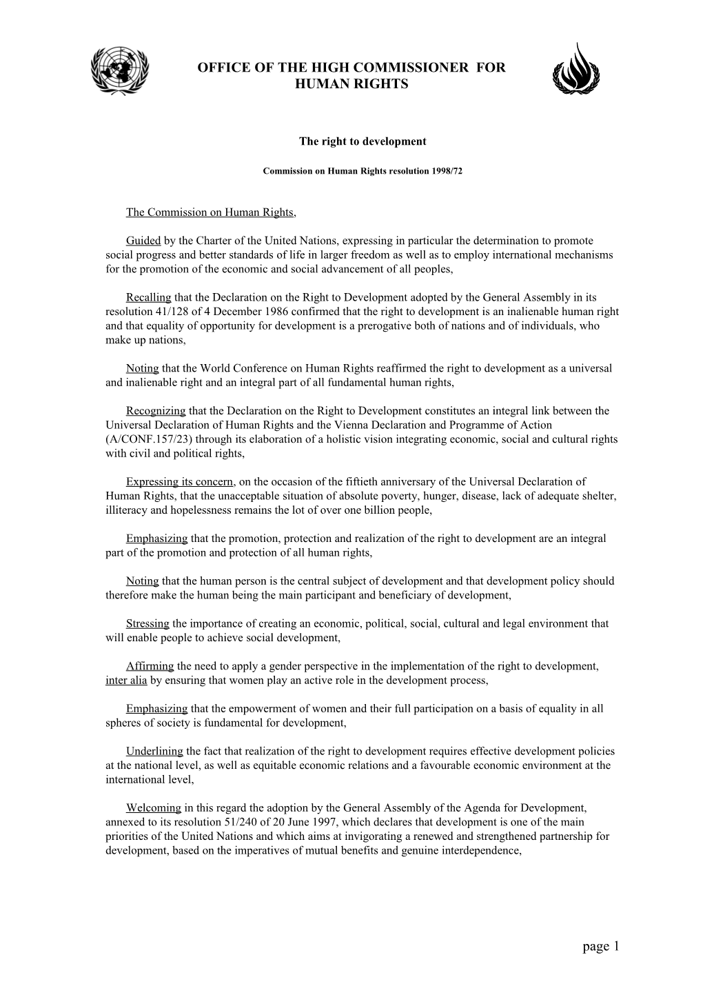 Commission on Human Rights Resolution 1998/72