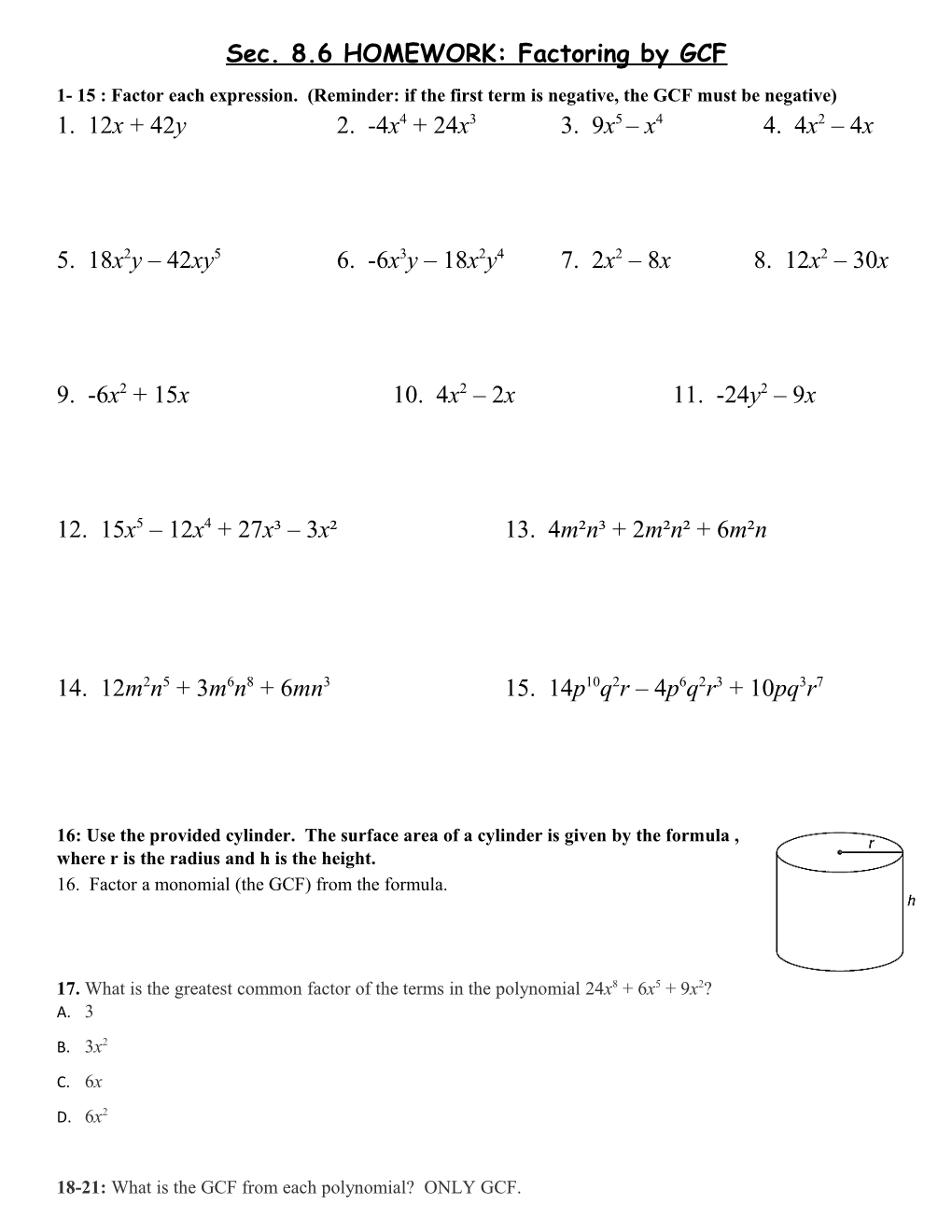 Sec. 8.6 HOMEWORK: Factoring by GCF