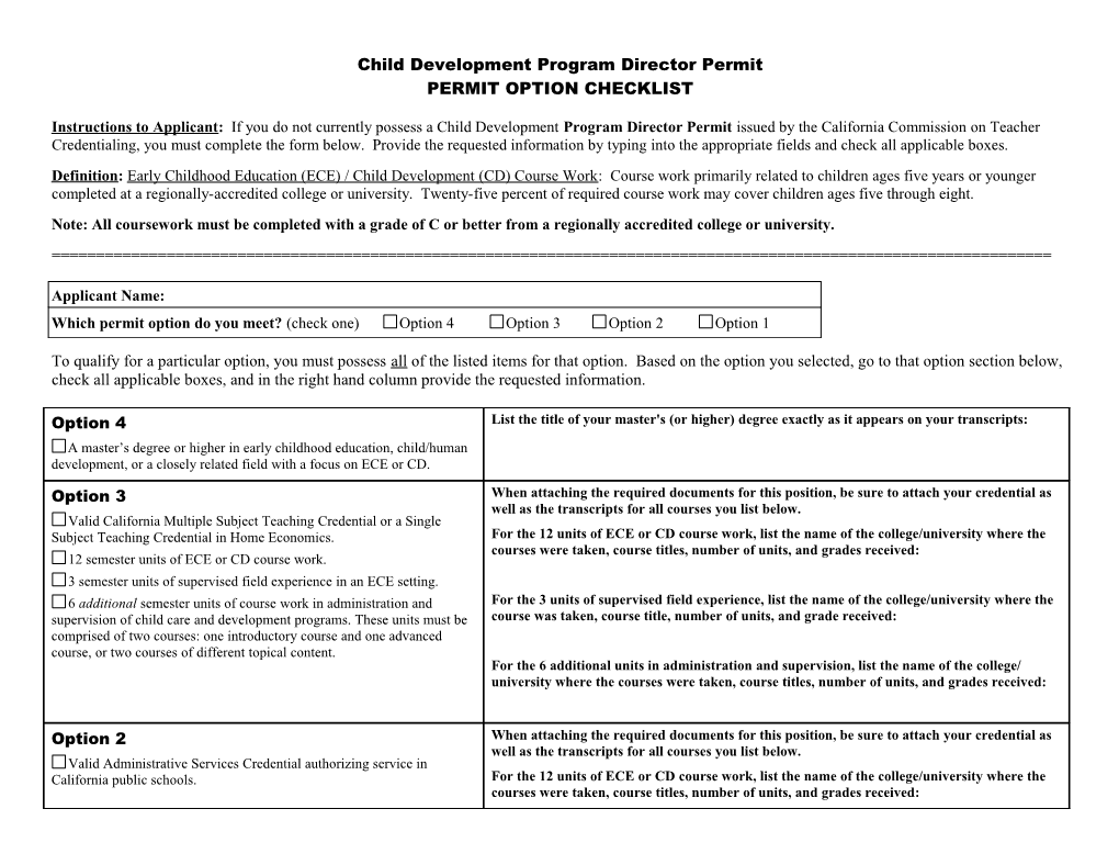 Child Development Program Director Permit