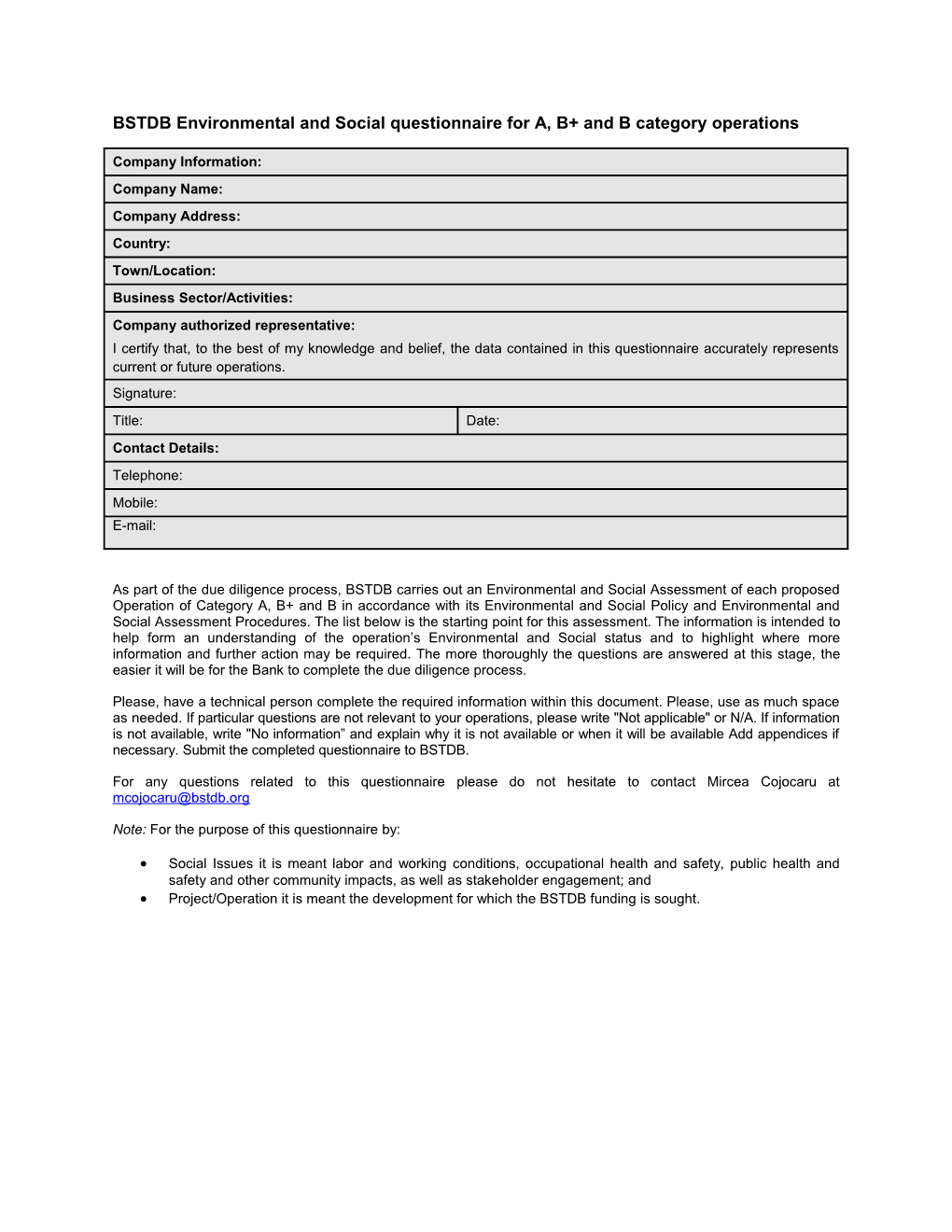 BSTDB Environmental and Social Questionnaire for A, B+ and B Category Operations