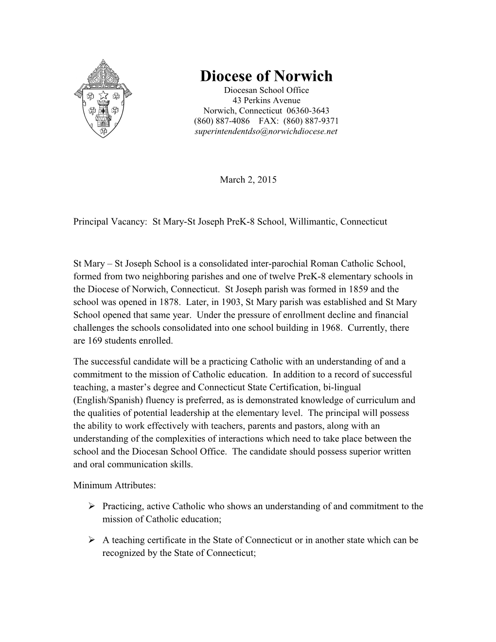 Principal Vacancy: St Mary-St Joseph Prek-8 School, Willimantic, Connecticut