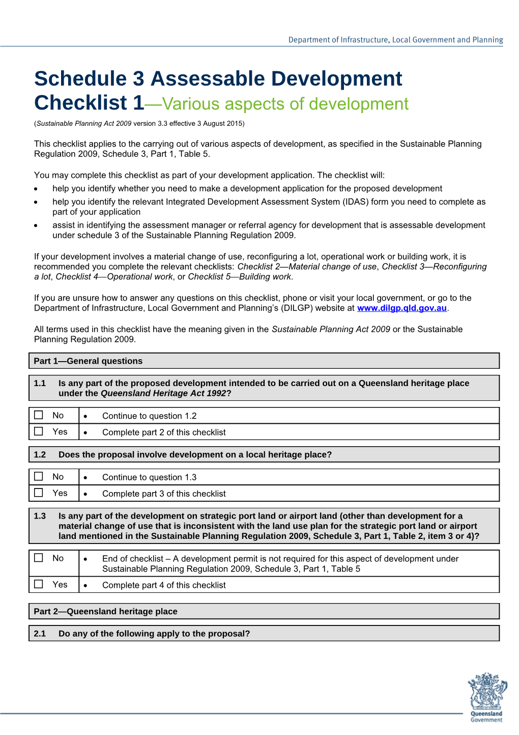 Schedule 3 Assessable Development Checklist 1 - Various Aspects of Development