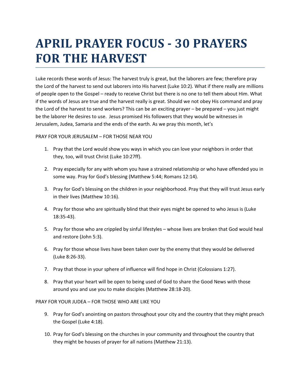 April Prayer Focus - 30 Prayers for the Harvest