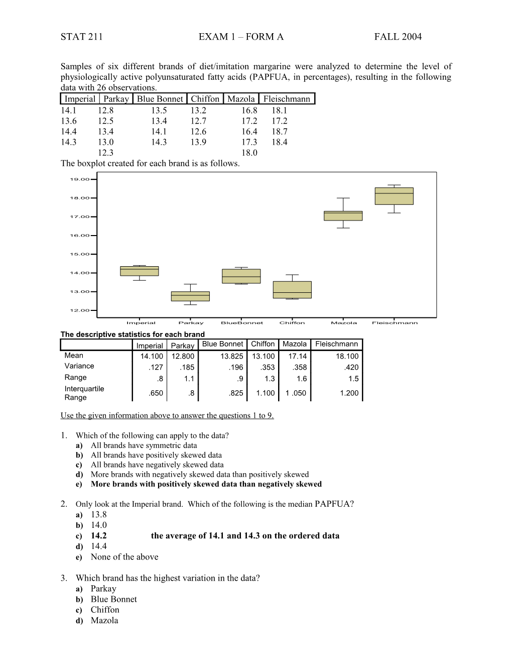 Stat 211 Exam 1 Form a Fall 2004