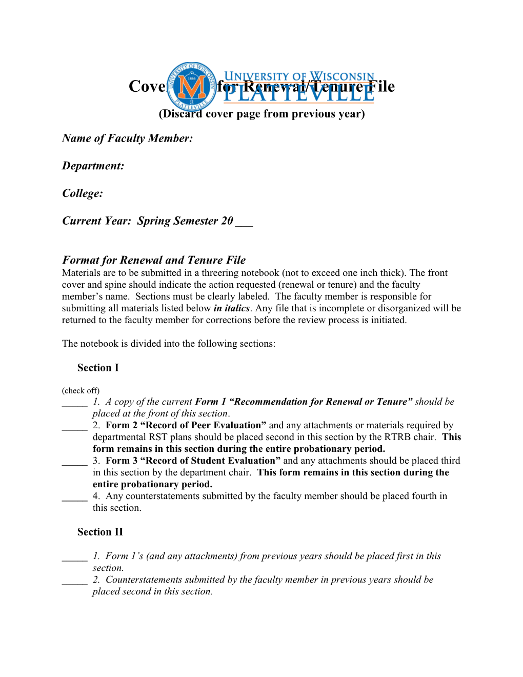 Cover Page for Renewal/Tenure File