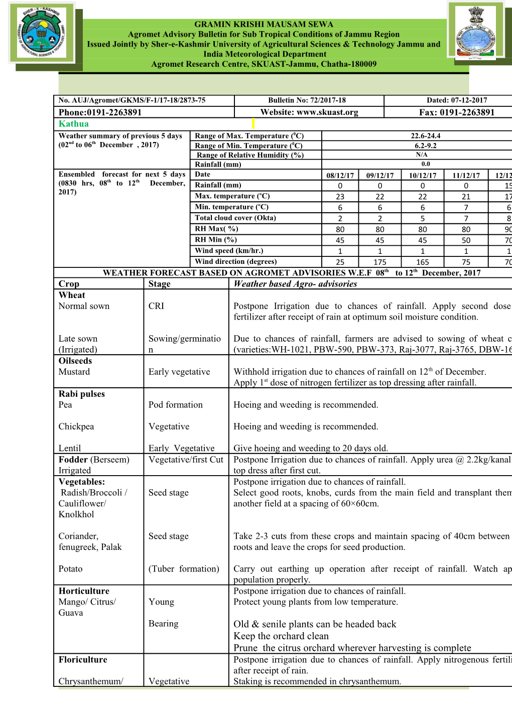 Agromet Advisory Bulletin for Sub Tropical Condition of Jammu Region