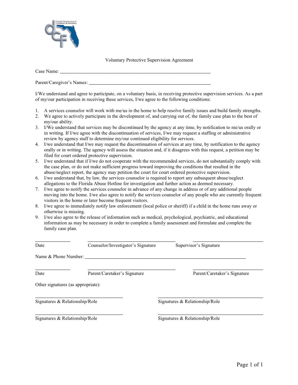 Voluntary Protective Services Agreement